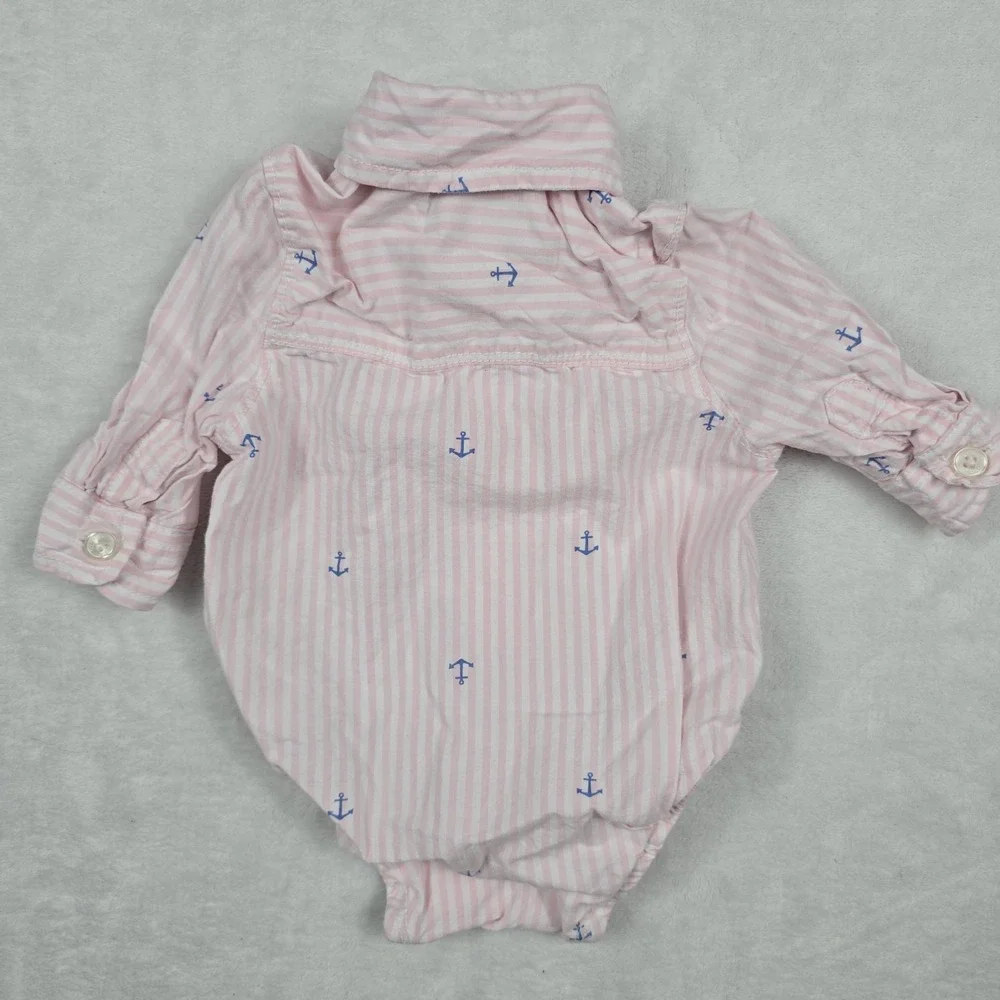 OshKosh Bgosh Baby Boy Pink White Striped Anchor Bodysuit 3M Long Sleeve Shirt